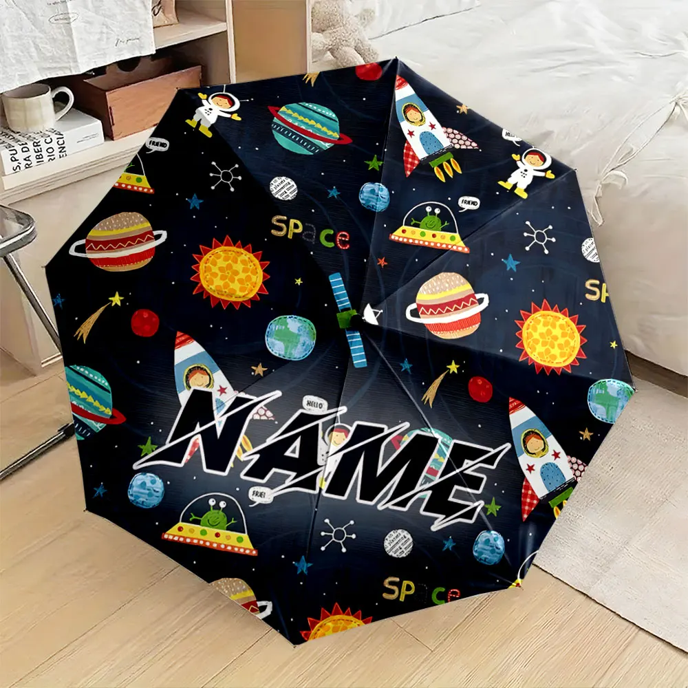 Custom Name Umbrella, Colorful Space Theme Umbrella with Astronauts & Planets Folding Umbrella for Sunny and Rainy,Gift