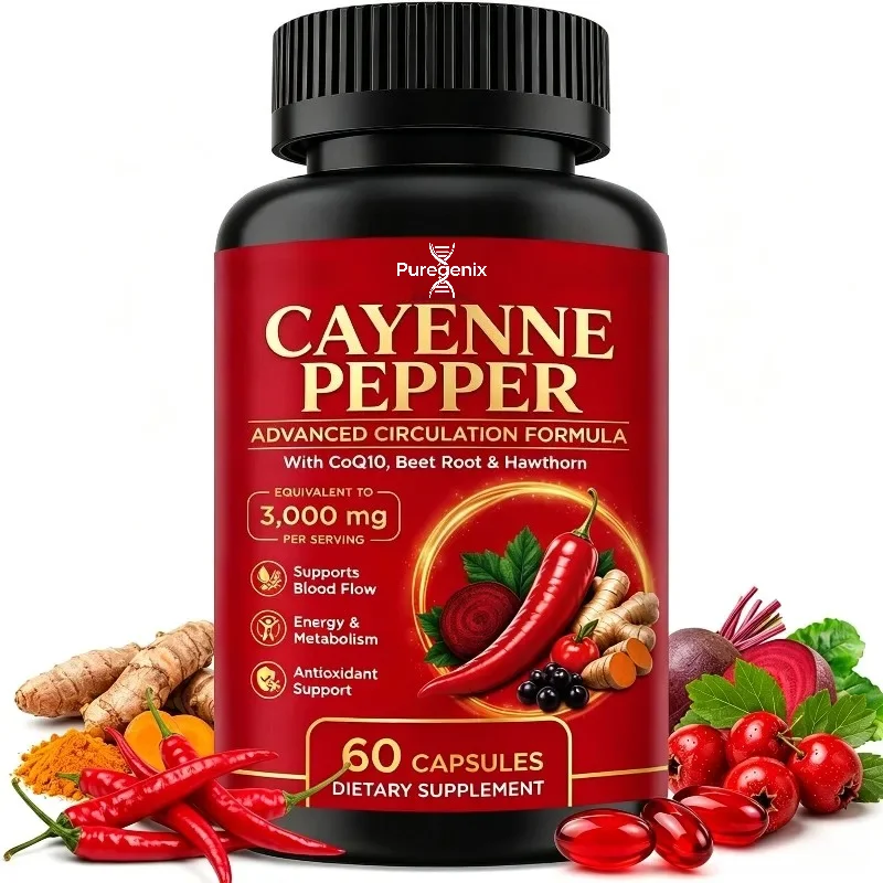 Cayenne Chili Soft Capsules 3000mg, Containing Coenzyme Q10, Vitamin D3, K2, Beetle Root, Hawthorn, Turmeric 60 Capsules
