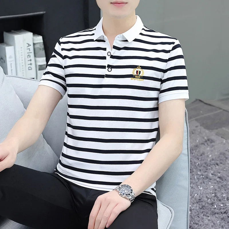 

Summer Men's Lapel Short Sleeve T-shirt Cotton Striped Polo Shirt Fashion Sports Casual Comfortable Half Sleeve T-shirts