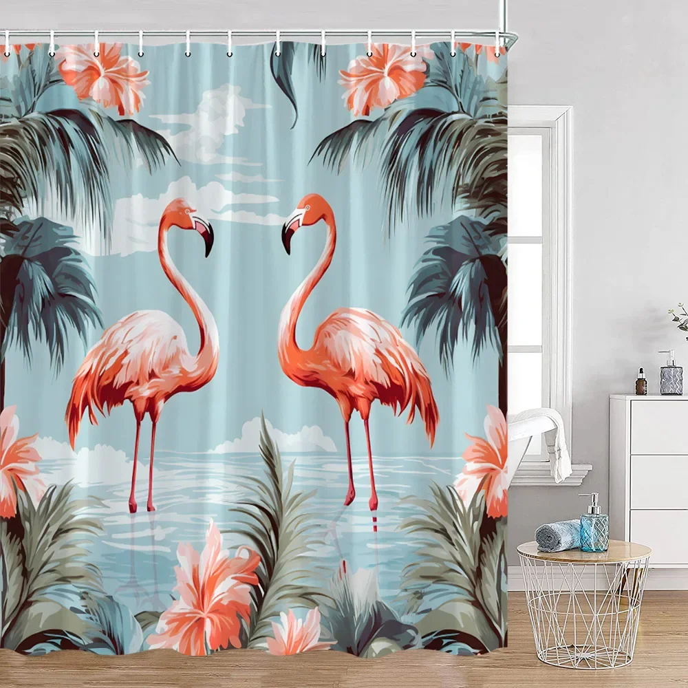 Flamingo Pink Birds Shower Curtains Tropical Palm Leaves Plants Jungle Nordic Bath Curtain Summer Vacation Fabric Bathroom Decor