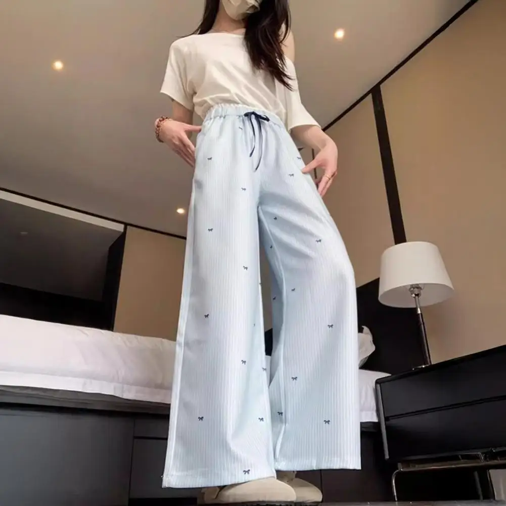 Light Blue Vertical Stripe Pants Women, Elastic High Waist Drawstring, Loose Straight Leg Casual Trousers Summer Style