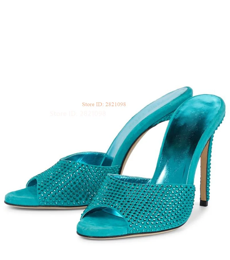 

Light Blue Crystal Holly Embellished Suede Thin Heeled Sandals Slip On Shiny Women High Heel Open Toe Summer Dress Shoes