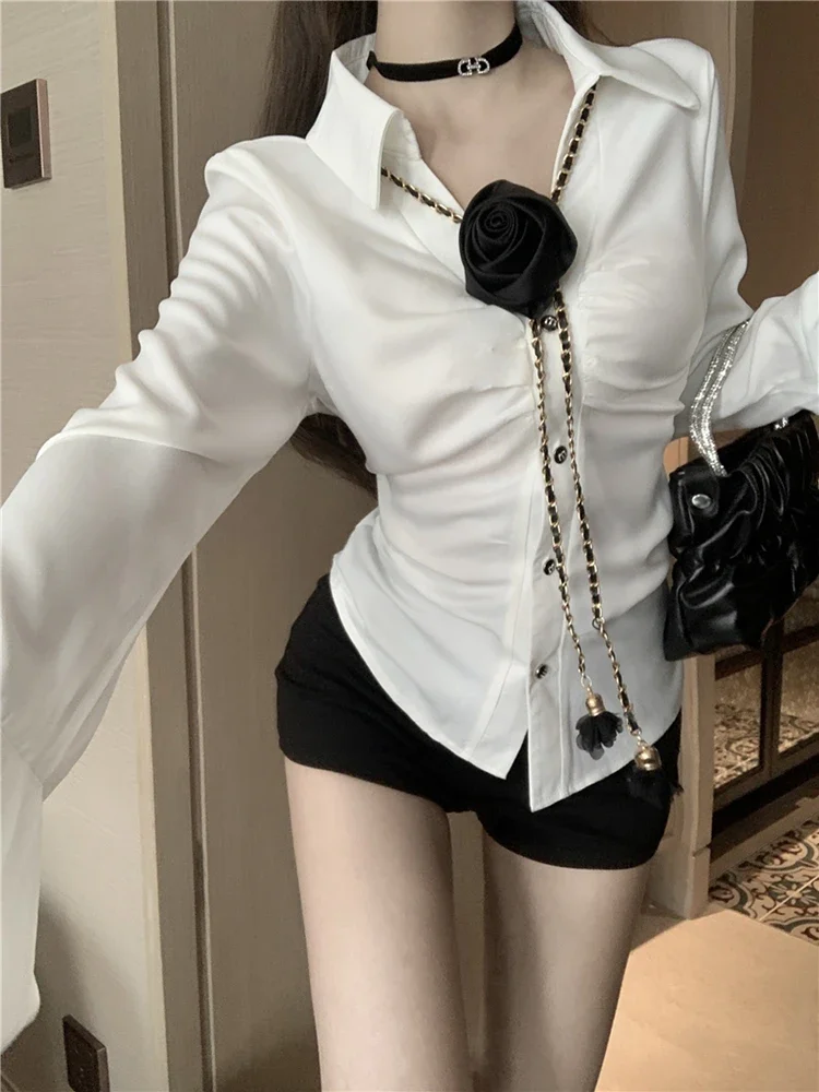 3d Floral Weißes Hemd Frauen Süße Langarm Elegante Dünne Bluse Mode Lässig Koreanische Weiblichen Frühling Plissee Tops Neue