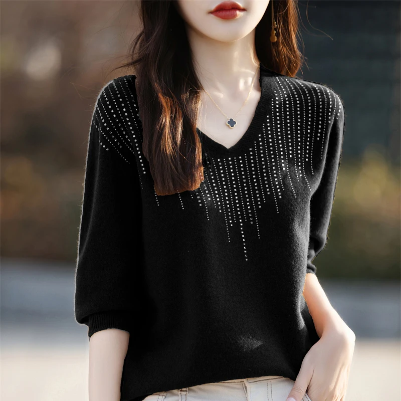 2024 Spring and Summer New Diamond inlay Cashmere Sweater Ladies Pullover Half-sleeved Knitted Cashmere Sweater Thin Casual Top