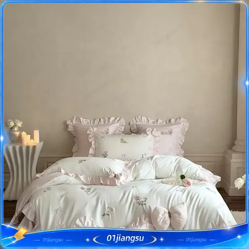4Pcs Rose Embroidery Bow Ruffles Princess Wedding Bedding Set 1000TC Egyptian Cotton Duvet Cover Sheet Pillowcases Luxury