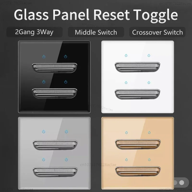 Glass Panel Wall Middle Switch LED Retro Toggle Button Reset Light Cross Switch EU UK Standard 2Gang 3Way Staircase Switch