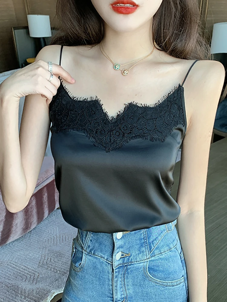 2026 Koronkowy Jedwabny Top Damski Seksowny Halter z Dekoltem V Bez Rękawów Krótki Top Satynowe Tank Topy Damska Bielizna Camisole