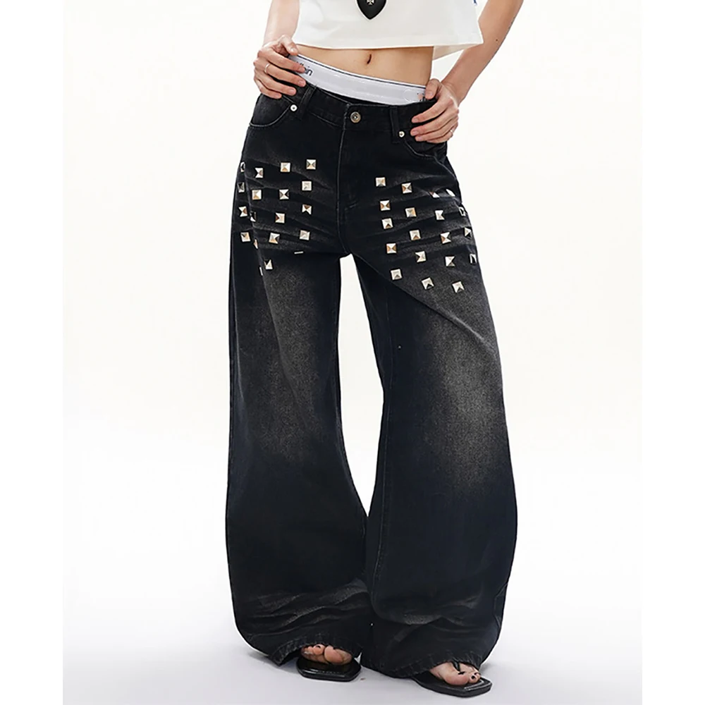 

Oversized Straight Loose Black Jeans for Women American Style Rived Design Full Trousers Y2K Female Wide Leg Denim Pants 2026