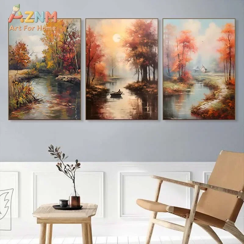 AZNM Frameless Canvas Wall Art, Vintage Oil Painting Autumn Forest River Cottage Mountain Scenery Print Poster, Warm Fall Landsc