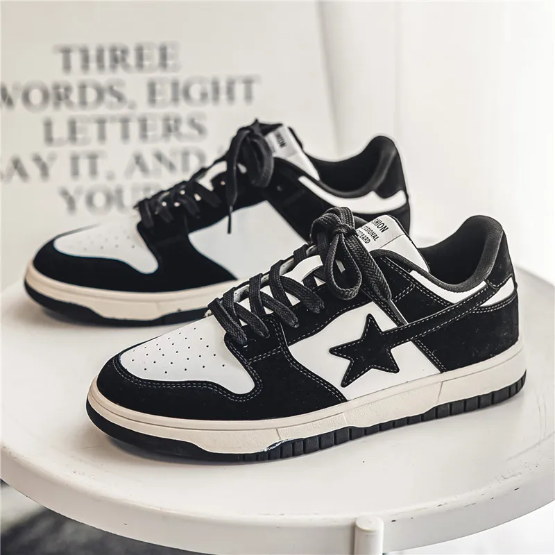 New Men Pattern Skate Shoes Low Top Sneakers Black White Color Block Casual Flat Lace‑up Street Footwear Outdoor Daily Shoes