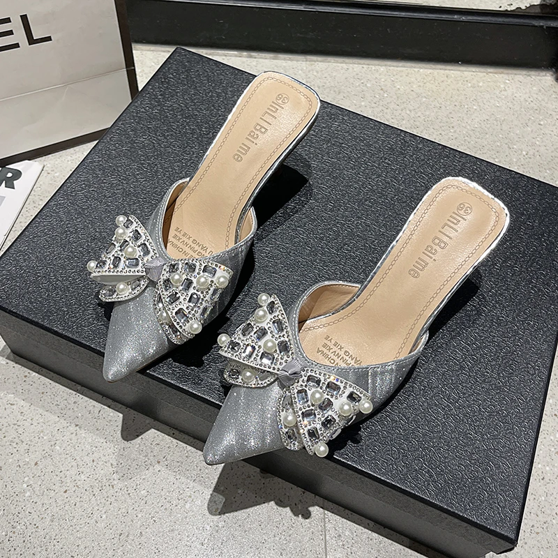 Zapatos de tacón alto con correa de hebilla para mujer, sandalias puntiagudas con decoración de nudo de mariposa, Sexy, Verano