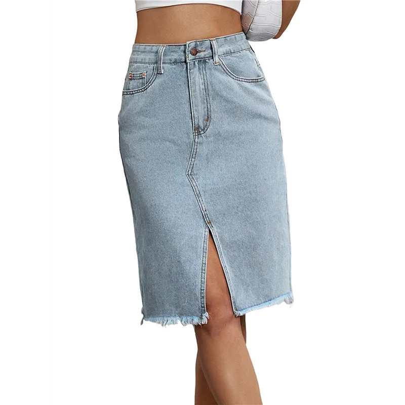 

ASDS-Women's High Waisted Split Front Raw Hem Bodycon Midi Denim Skirt