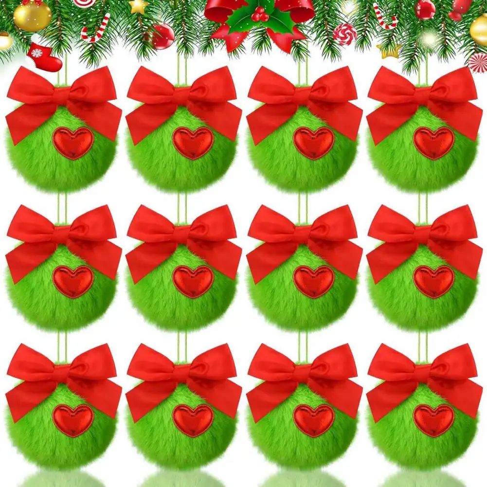 Soft Faux Fur Holiday Pendant 12/16 Pcs Christmas Hanging Ornaments Plush Green Christmas Balls Christmas Tree Hanging Pendant