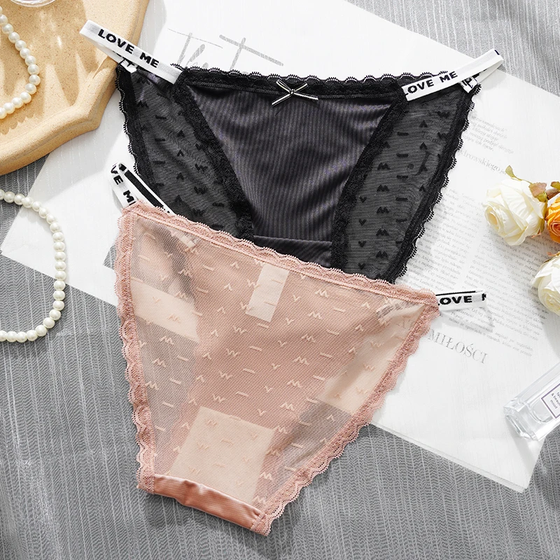 New Ice Silk Briefs Women's Sexy Mesh Hollow Out Panties Print Breathable Intimate Underwear Female Low Waist Fashion Underpanty