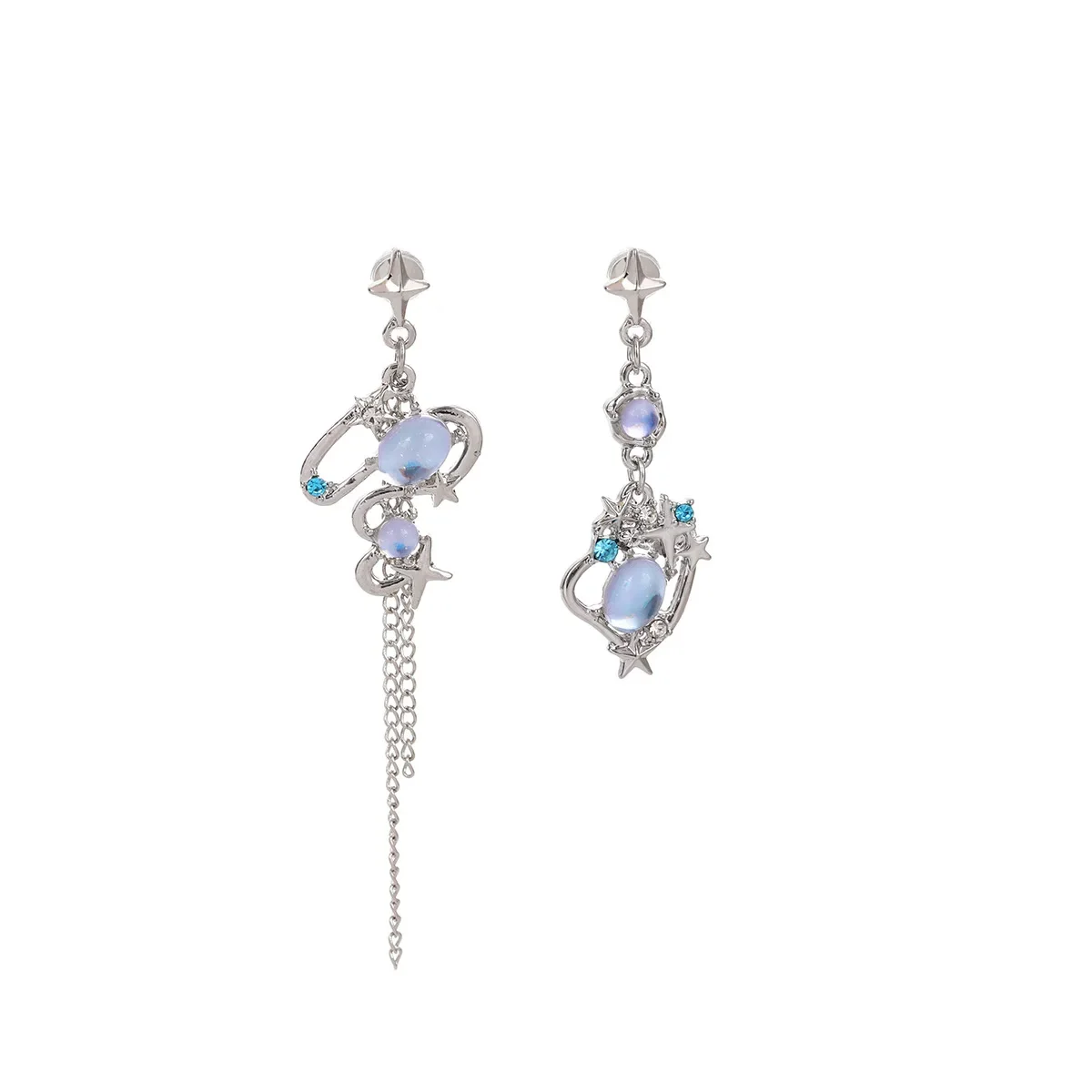 Fashion Blue Diamond Star Stud Earrings Silver Cable Chain Tassel Stud Earring for Women Seaside Vacation Beach Party Jewelry