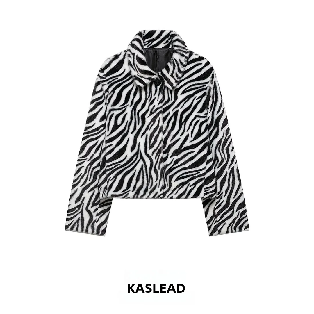 KASLEAD New Women's Fashionable Zebra Print Plush Jacket Versatile Design Sense Windproof Short Coat Polyester Fiber Long Sleeve