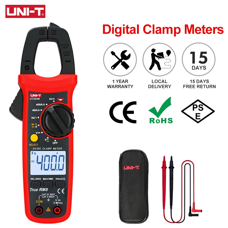 Pinza medidora Digital de UNI-T, multímetro de Corriente CA, alicates de alta precisión, voltímetro, amperímetro, UT204R, UT202F, UT203R, 400A, 600A