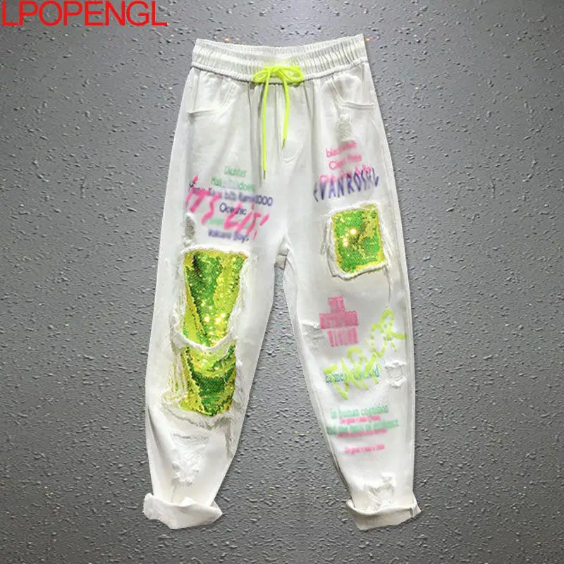 Women's Spring And Summer Personality Color Sequins Ripped Jeans New Drawstring Loose Straight Streetwear Denim Harem Pants