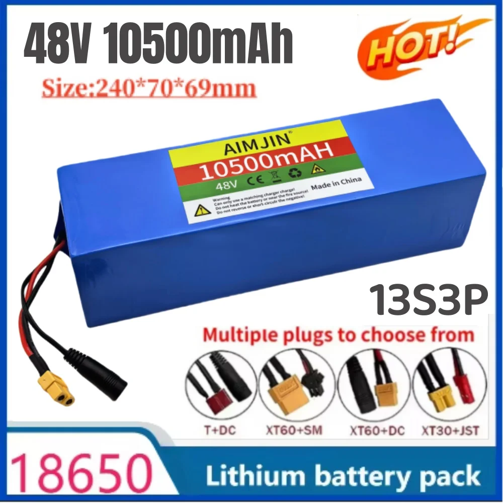 

13S3P 48V 10500mAh 10.5Ah lithium-ion battery pack with 1000W BMS, suitable for 54.6V