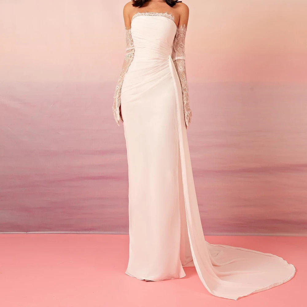 

Customized Delicate Jersey Straight Detachable Sleeve Lace Evening Dress Strapless Back Slit Zipper Back Panel Train White