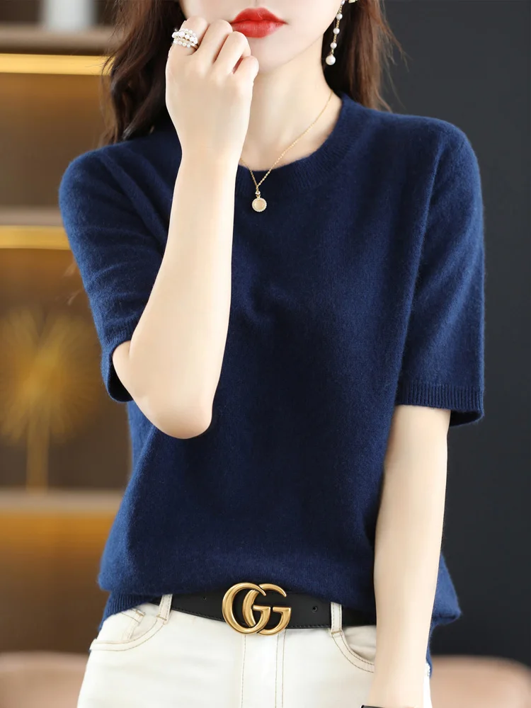 Women Merino Wool Sweater Cashmere Pullover Fashion Basic  O-Neck Knitwear Short Sleeve Elegant T-Shirt Clothing Tops