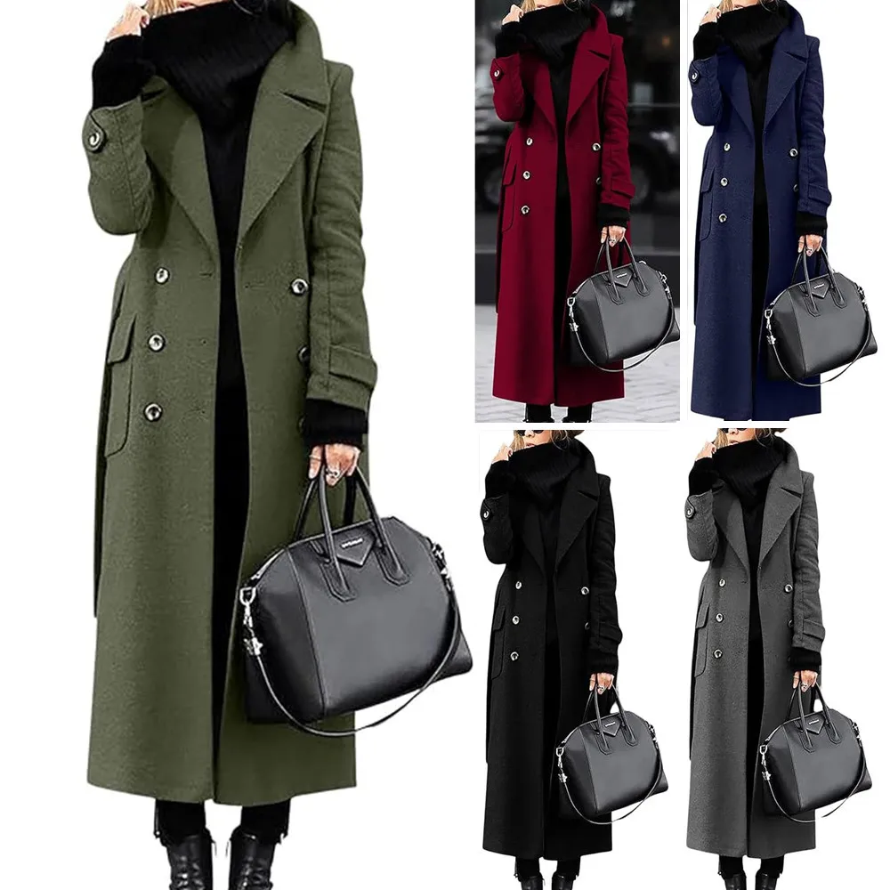 Damen-Wollmantel, Oberbekleidung, Herbst-Winter, warme Damenjacke, einreihig, mit Umlegekragen, langer Damen-OL-Mantel