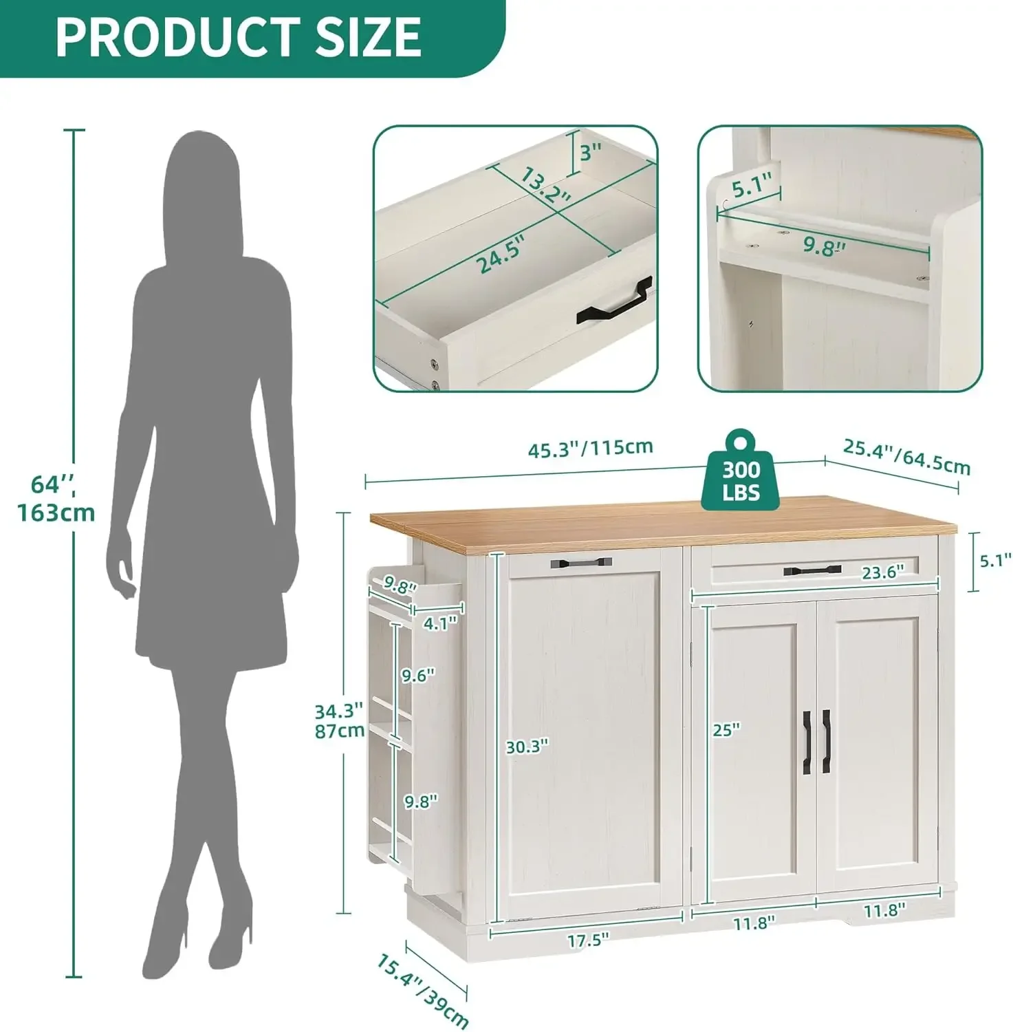 50 Inch Rolling Kitchen Island with Trash Can Storage Cabinet & Drop Leaf, Portable Mobile Islands Table Long Floating