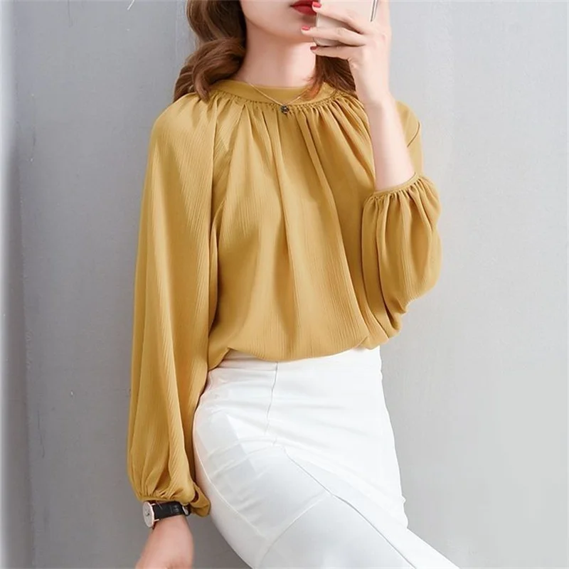 3XL Loose Women Spring Autumn Blouses Shirts Lady Fashion Casual Long Sleeve O-Neck Collar Yellow Clothing Blusas Tops G2564