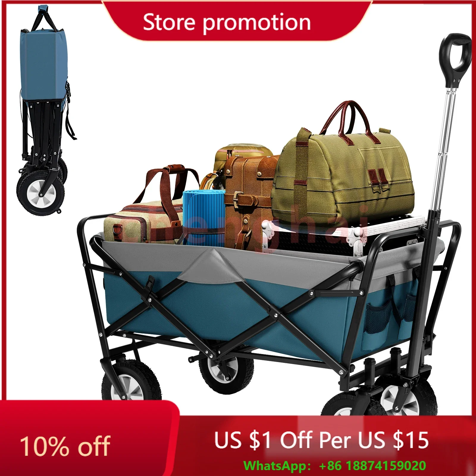 

Foldable Garden Trolley Handcart Cart Tool Transport with 4 Wheels for Camping Beach Garden Shopping Outputs Load 80kg