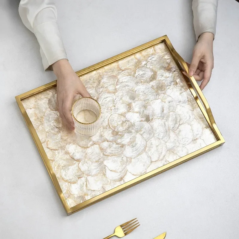 Modern Large Shell Rectangular Storage Tray Fruit Tea Cup Storage Tray Living Room Rectangular Metal Storage Tray Art Decoration