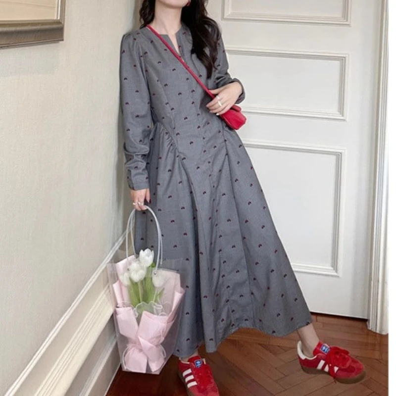 

French Floral Long-sleeved Dress Women's Autumn and Winter Waist Fashion Print Long Skirt
