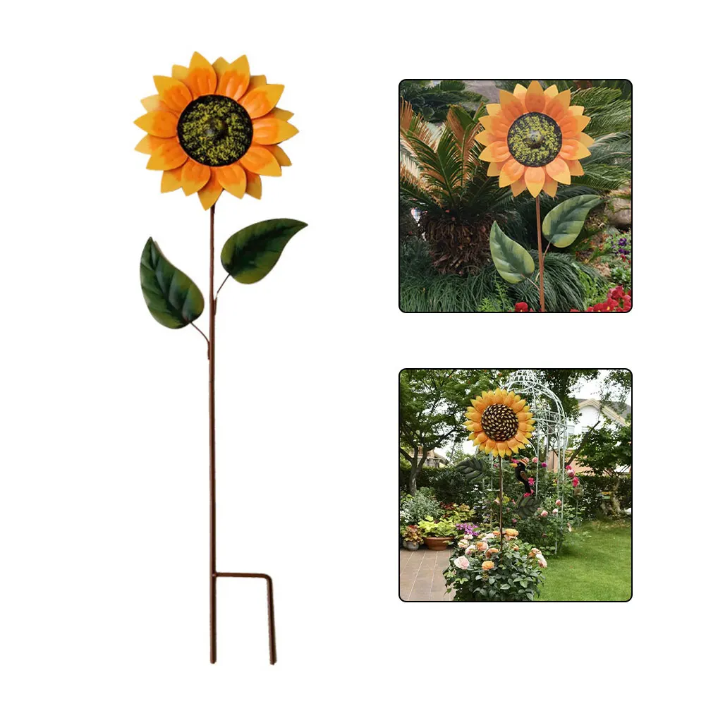 Metal Sunflower Garden Stake Rotating Wind Catcher Yellow Green Iron Ornament For Yard Patio Pathway Outdoor Decor Plant Stand
