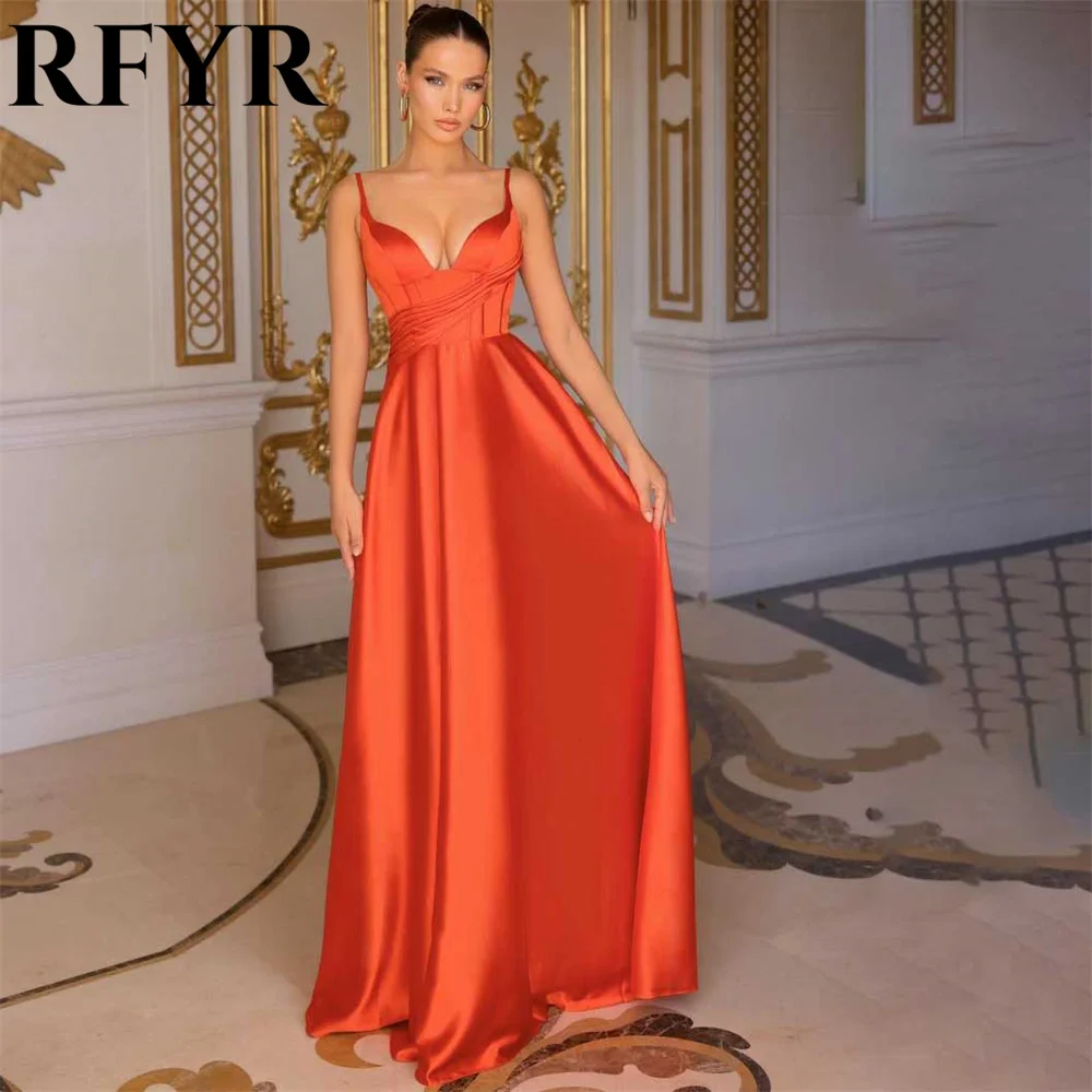 

RFYR Simple Orange Long Party Dress Beach Sexy Night Dresses Pleats Satin Spaghetti Strap Celebrity Dresses vestidos de fiesta