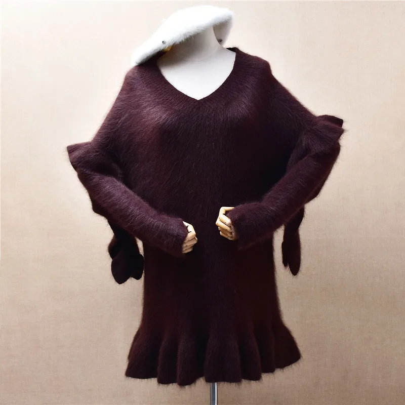 

Женская осенне-зимняя одежда, модный волосатый плюшевый норковый кашемировый вязаный длинный свитер из ангоры с v-образным вырезом, джемпер, платье, топы