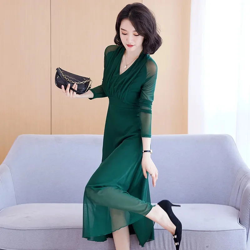 

Spring Autumn Black Mesh Dress Women's Long-Sleeved Green Fashion Dresses 2022 New Sundress V-Neck Waist Legant Vestidos Female