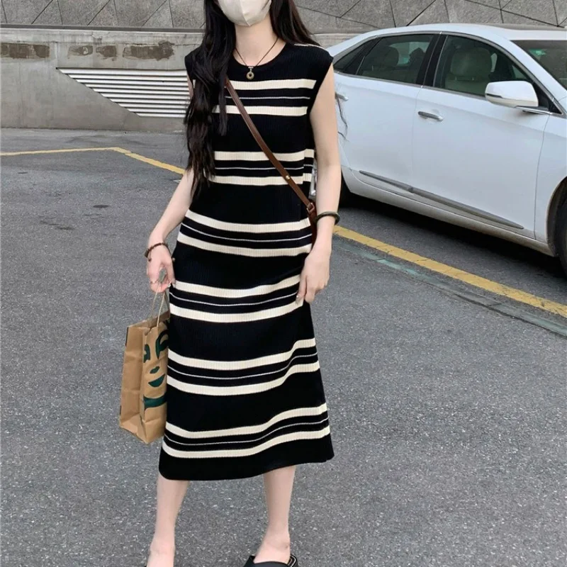 Dresses Women Striped Mid-length Korean Fashion Sleeveless All-match Knitted Summer Vestidos Sweet Lovely Girls Popular Daily