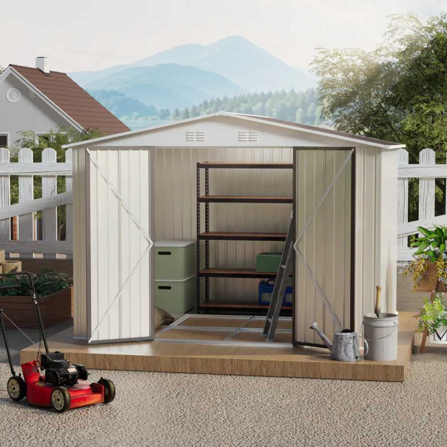 10x8 Feet White Color Outdoor Garden Shed Aluminum alloy frame With Hinge Door and foundation For Garden, Backyard, Patio