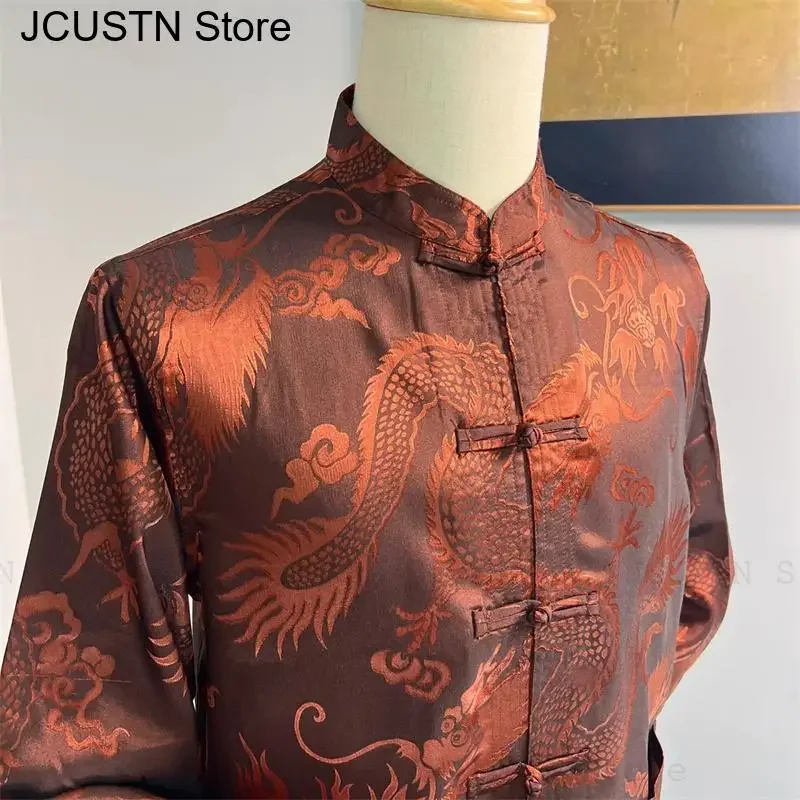 

Мужское пальто Hanfu с кофейным драконом, свободный топ Ципао, осенне-весенняя новая верхняя одежда, атласная куртка, жаккардовая одежда Тан, топ в китайском стиле