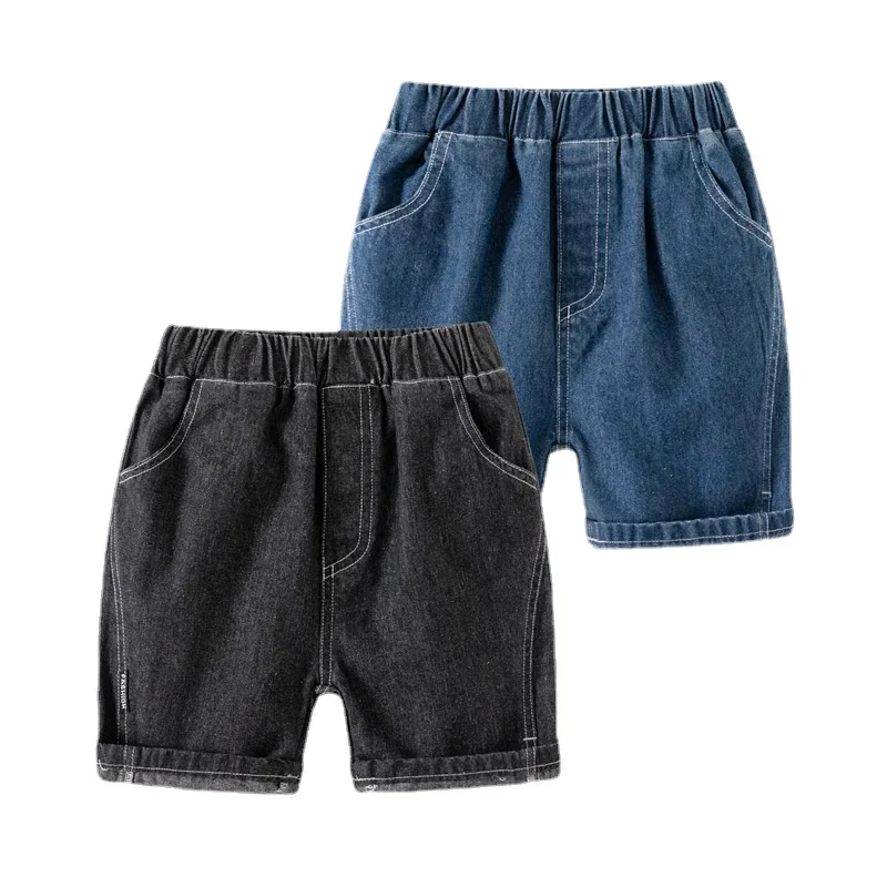 Summer Boys' Mid-Waist Denim Capris Stylish Elastic Waist with Pockets Solid Color shorts Available for Ages 3-8, 2 Colors