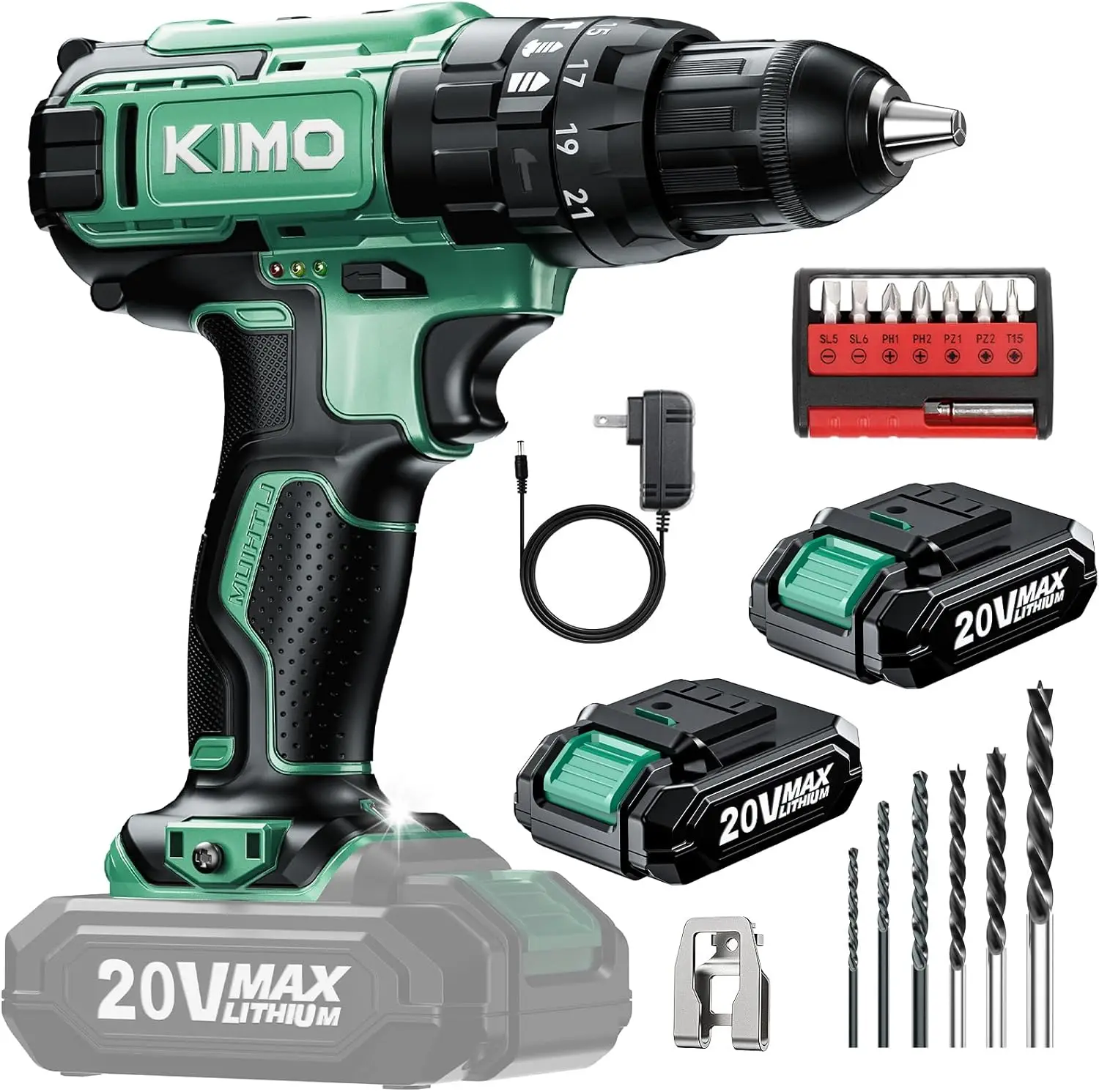 

20V Cordless Hammer Drill Set with 2 Batteries, 350 In-lb Torque, 3/8" Chuck, 1350 RPM & 14pc Bits for Concrete Brick Wall