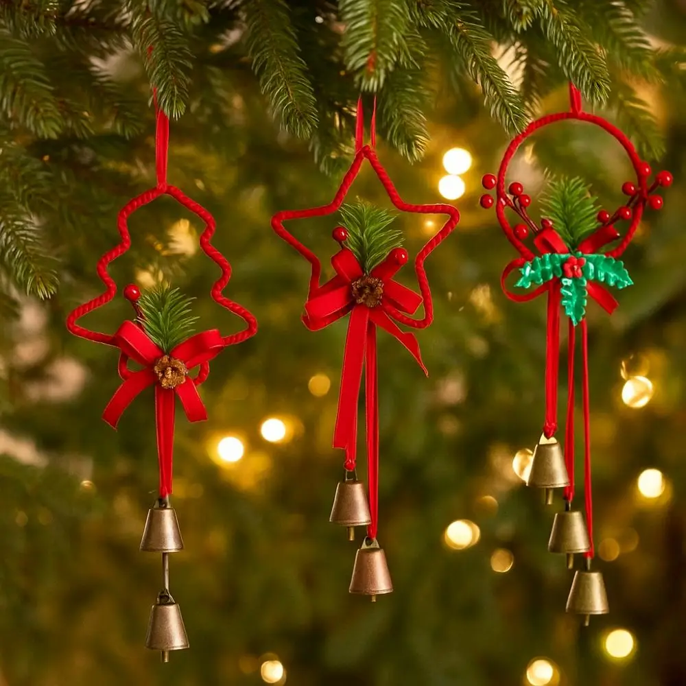 أجراس عيد الميلاد الحديدية الرجعية الأحمر اليدوية الحرفية أجراس عيد الميلاد الرنين مع التوت شجرة عيد الميلاد أجراس معلقة جو احتفالي #2