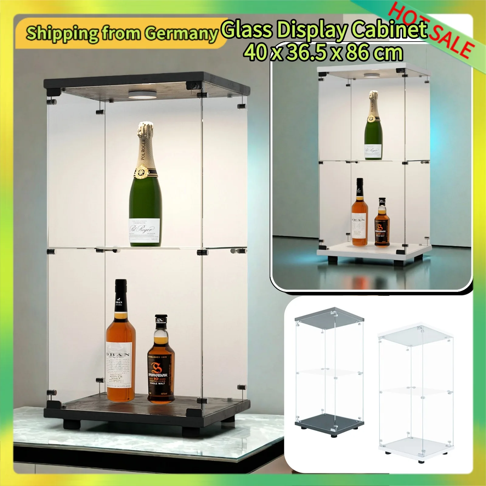 Comanlai Vitrine en verre à 2 niveaux avec lumières LED, avec porte et serrure, Armoire de rangement en verre pour collection, 40 x 36,5 x 86 cm