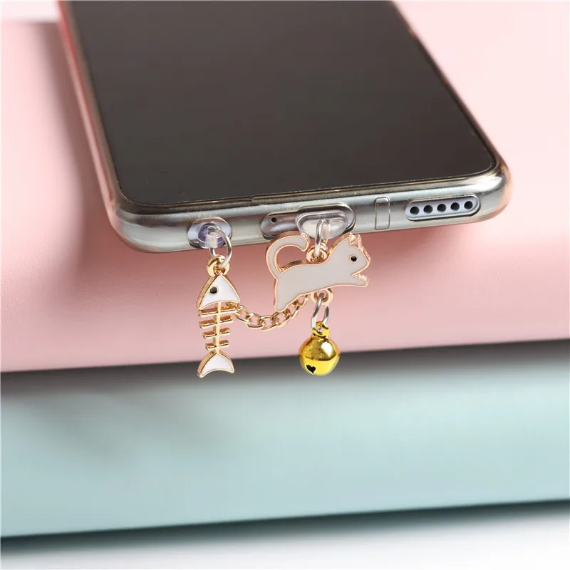 Fishbone Cat Dust Plug Charm Kawaii Charge Port Plug For iPhone Type C Dust Protection Stopper Cute Anti Dust Cap Phone Pendant
