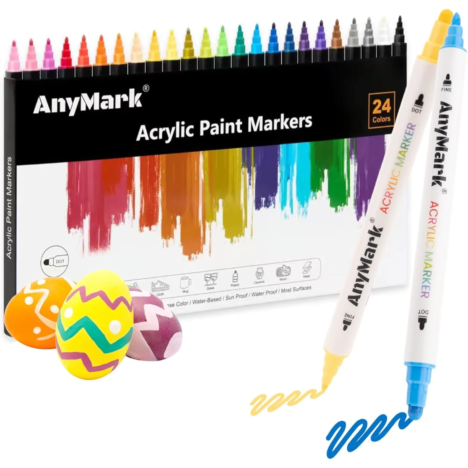 

24 Colors Acrylic Paint Markers with Dual Tip - Dot & Fine Tip for Canvas, Wood, Stone, Glass Art