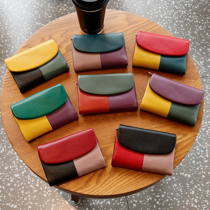 

2026 Leather Women's Color-blocked Wallet, Large Capacity Top Layer Cowhide Wallet, Short Clutch