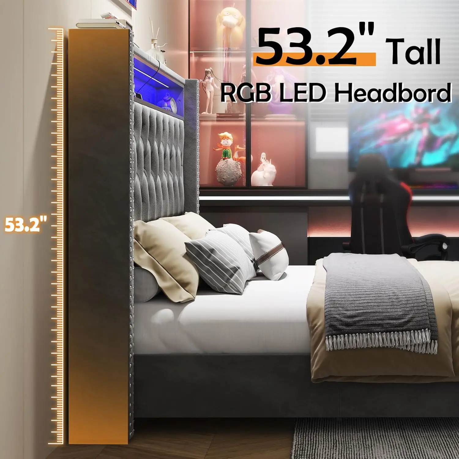 LED Queen Size Quadro Cama e Cabeceira com Estação de Carregamento, Veludo Estofados Plataforma, Sem Box Spring Needed