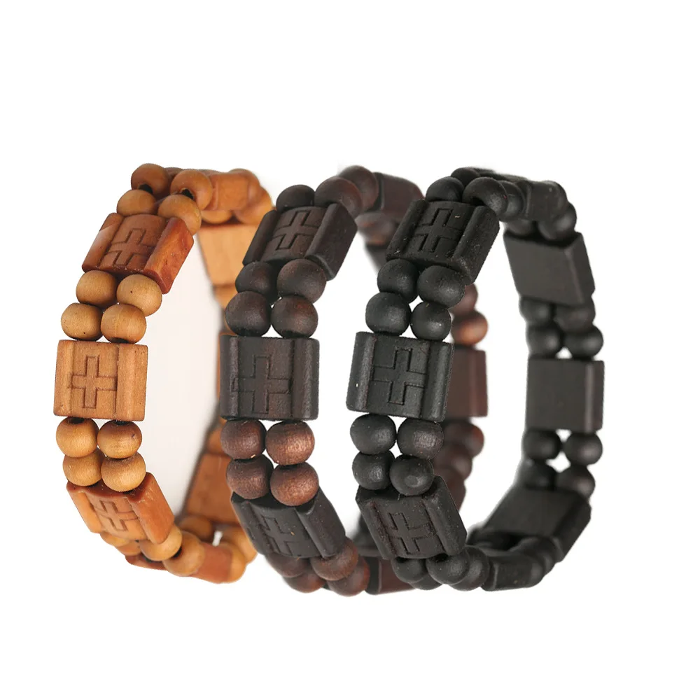 Bracelet élastique vintage avec croix religieuse, en bois massif, pour hommes et femmes, perles de prière, bijoux, cadeaux, dropshipping
