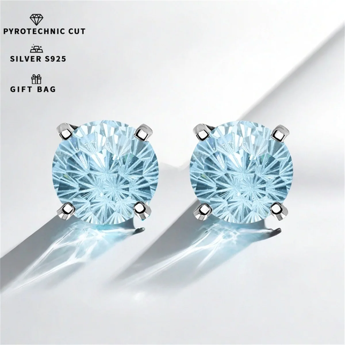 S925 sterling silver ice blue Pyrotechnic cut Synthetic Cubic Zirconia High-quality Fashion four stud earrings Shiny Simple