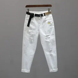 Vrouw Jeans Broek Gescheurde Witte Jeans Dames Herfst Hoge Taille Cropped Baggy Broek Dames Pantalones Vaqueros Mujer