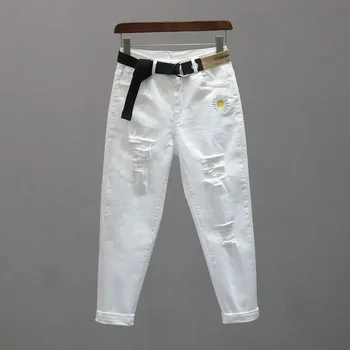 Calça folgada de cintura alta feminina, jeans rasgado, branco, outono